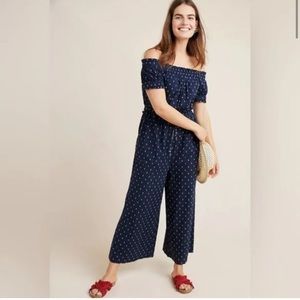 Anthropologie Finley Navy Blue Off-The-
Shoulder Wide Leg Jumpsuit Size